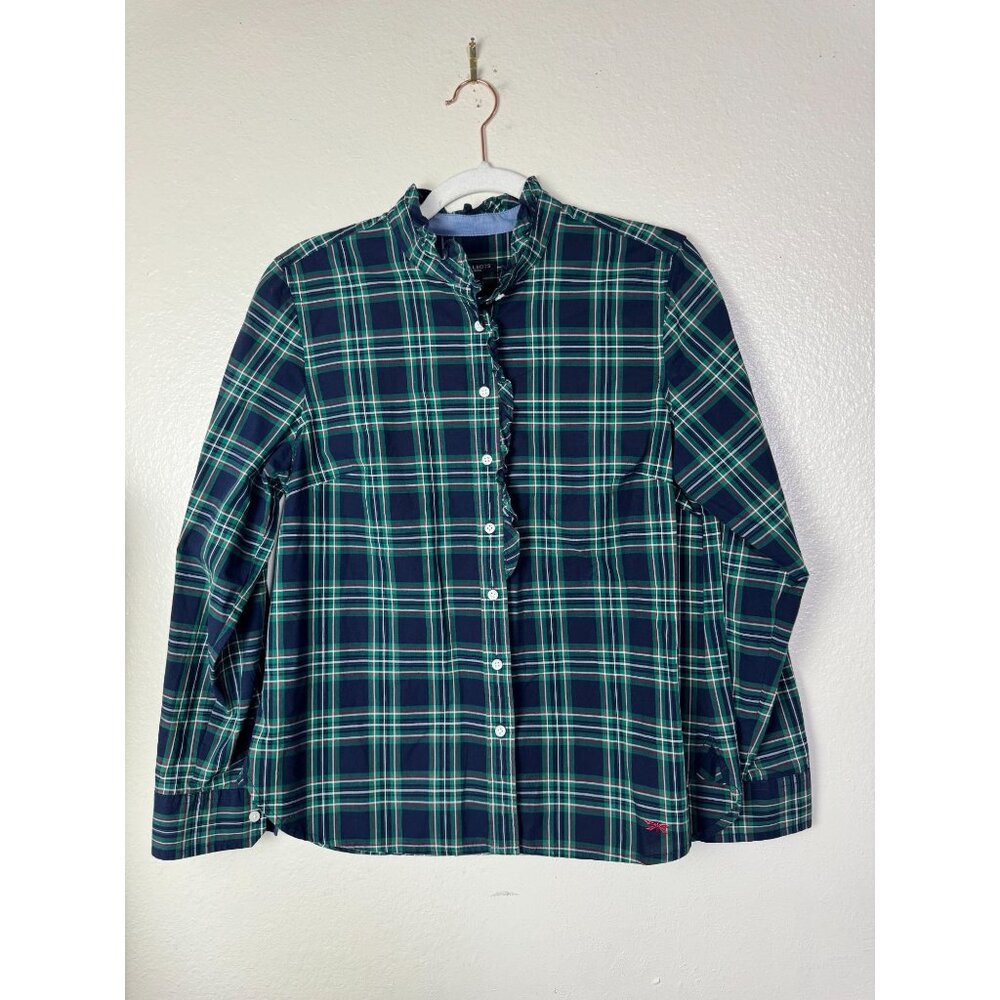 Talbots Blue green Plaid Button Up Long Sleeve Top Size 12 Petites Ruffle Neck